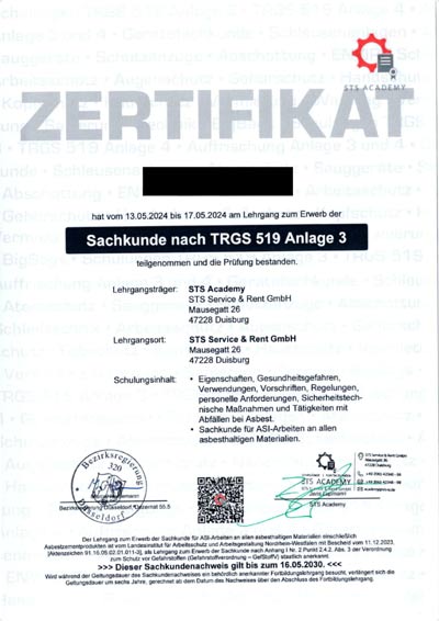 Zertifikat Sachkunde TRGS 519 Asbest